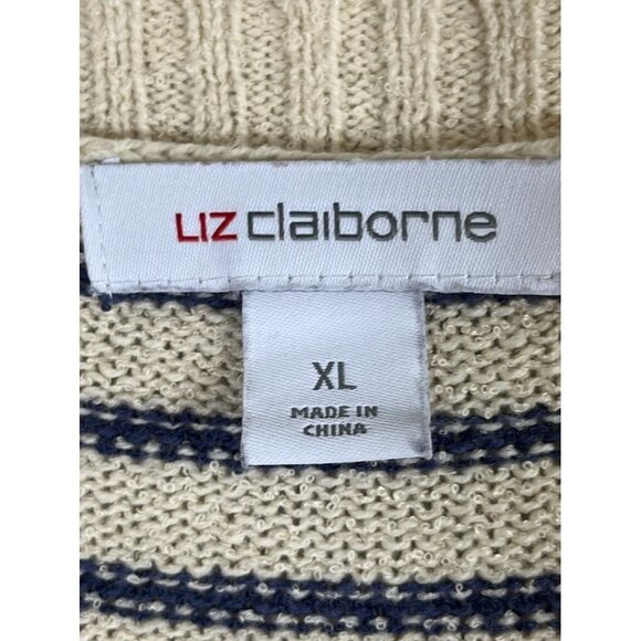 Liz Clairborne Striped Knit Sweater XL Cream Coastal Preppy Retro Boho Neutral - Picture 2 of 9